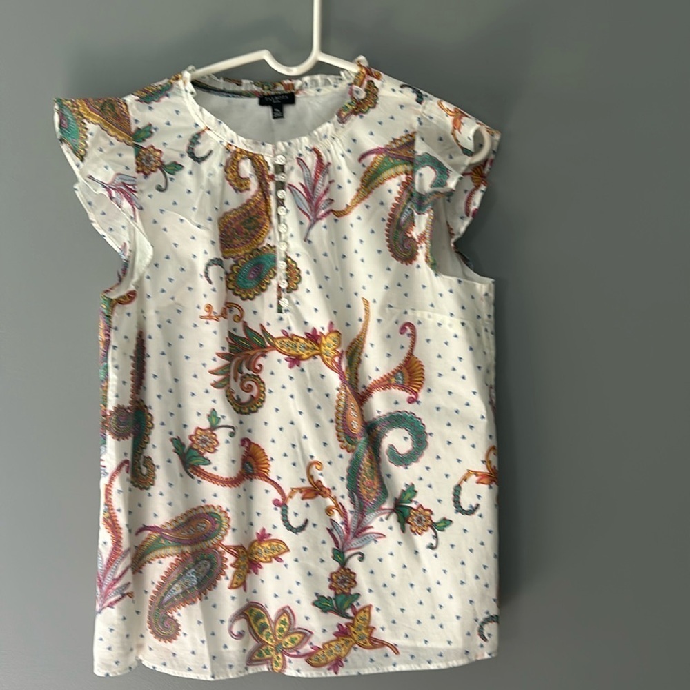 Talbots Size Medium Ruffle Shoulder Cotton Floral Paisley Blouse Top